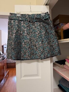 Club Monaco Teal and Black Floral Jacquard Mini Skirt